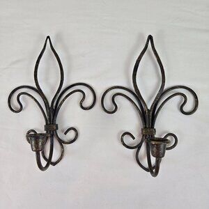 Pair of Metal Fleur de Lis Sconces Wall Hanging Black Gold Hilights Taper Candle